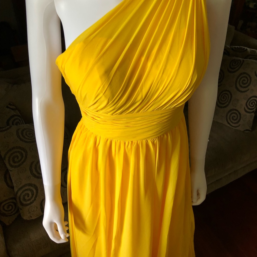 AW. BRIDAL Sz 0. Golden Yellow One Shoulder Floor Length Gown. - Picture 4 of 15
